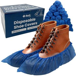 Reli. Shoe Covers, Disposable | 200 Pack (100 Pairs) – One Size Fits All | Non Slip, Disposable Shoe Covers for Indoors | Disposable Booties Shoe Protector – Waterproof, Plastic Single Use | Blue