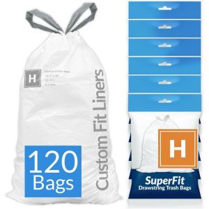 Reli. SuperFit Code H (120 Count) | Compatible with Simplehuman Code H | Dispenser Pack Custom Fit Liners | Drawstring Trash Bags | 30-35 Liter / 8-9 Gallon | White