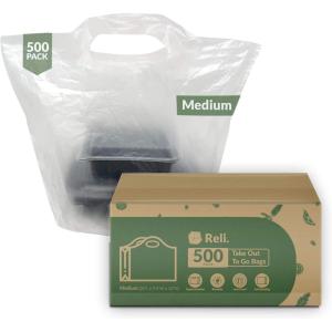Reli. Take Out/To Go Bags (500 Count Bulk) (Medium 20″ L x 9.5″ W x 12″ H) White Carry Out Shopping Bag, Die Cut Handle, Square Bottom, Reusable – Food Service, Restaurant, Catering, Delivery