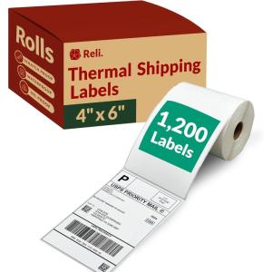 Reli. Thermal Shipping Labels (1200 Sheets) 4×6 Thermal Label Rolls | Direct Heat Printer Paper | Shipping Stickers Compatible w/Rollo & Most ThermalPrinters (4 Rolls, 4″x6″, White)