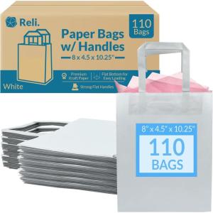 Reli. White Paper Bags | 110 Pcs Bulk | 8″x4.5″x10.25″ | White Paper Bags With Handles | Kraft, Small Gifts, Shopping, Retail, Merchandise