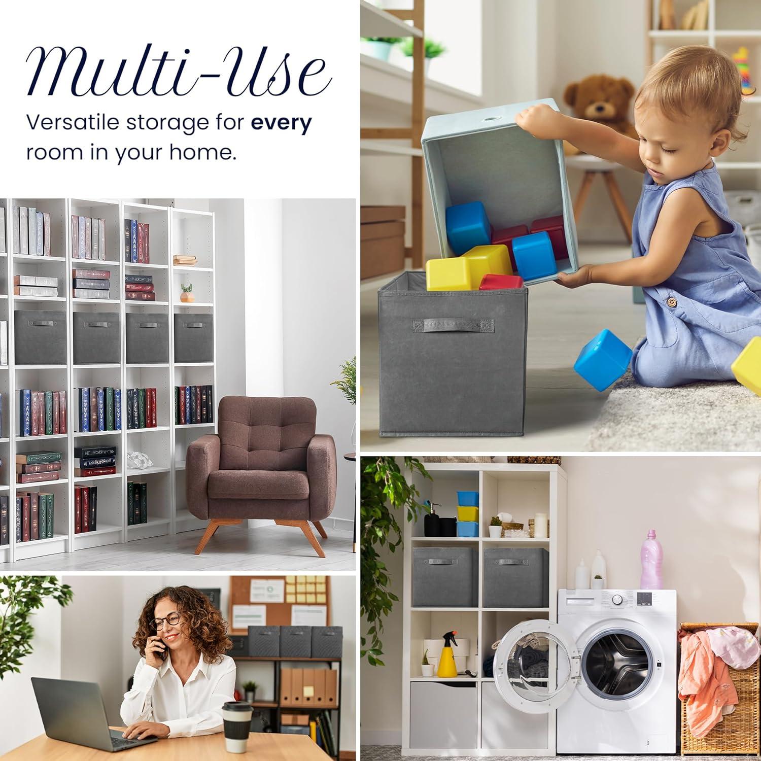 image:imageReli 13x13x13 Storage Cube Bins 4 Pack Large Cube Organizer Bins 13x13 Fabric Storage Boxes Fits Kallax Collapsible Foldable Fabric Cubby Box Square Kids Room Organization Dark Gray