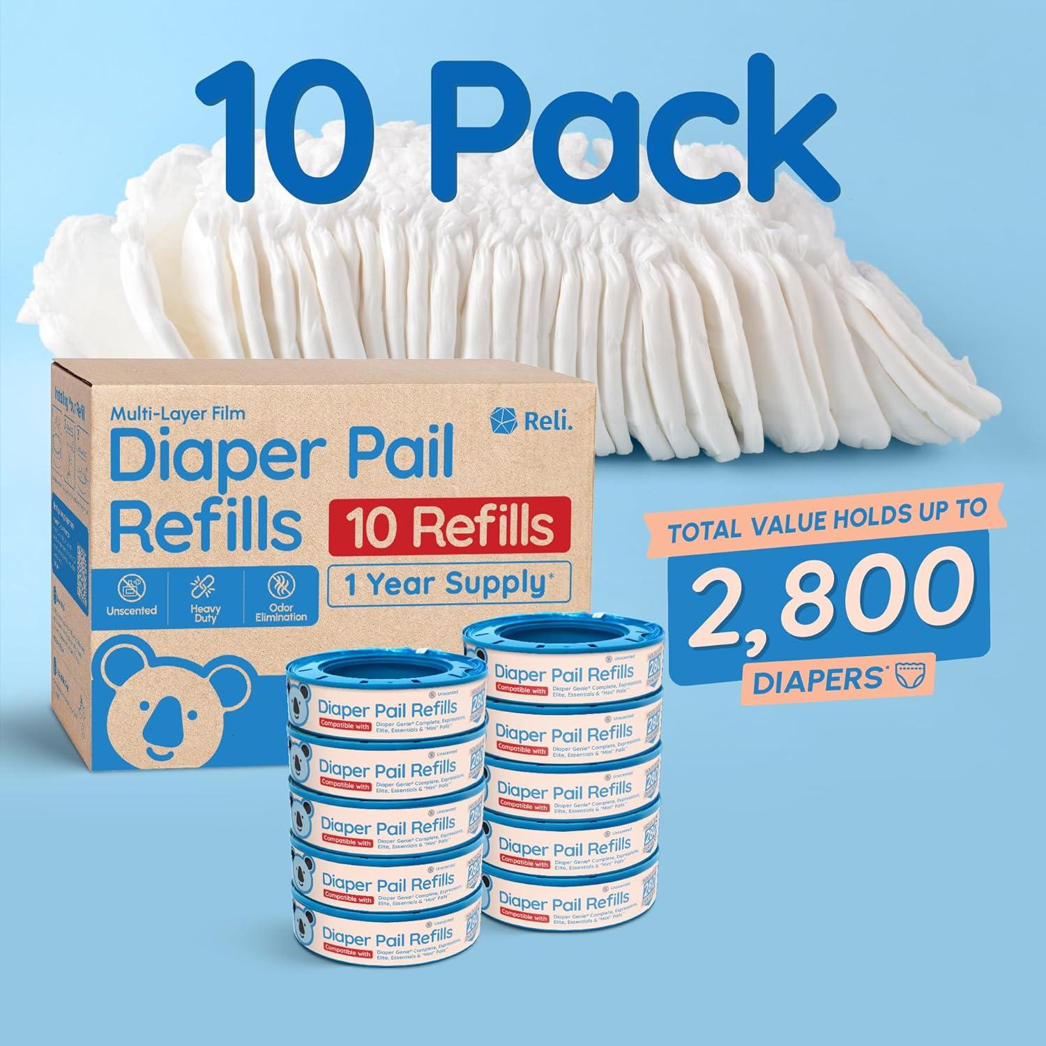 image:imageReli Diaper Pail Refill Bags Compatible with Genie Complete Expressions 10 Pack Pail Refills Unscented Odor Blocking Strong Easy Replacement Holds up to 2800 Newborn Diapers