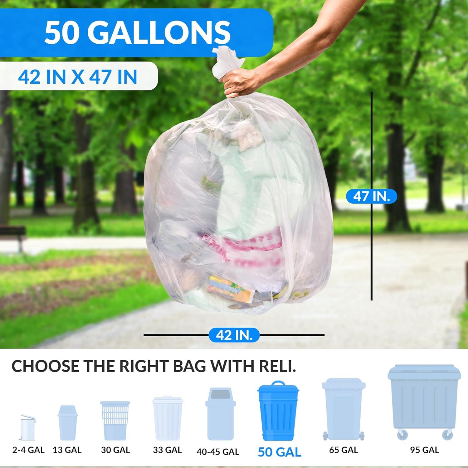 image:imageReli Premium 50 Gallon Trash Bags 200 Count Made in USA Heavy Duty Bulk SuperValue Clear MultiUse Garbage Bags