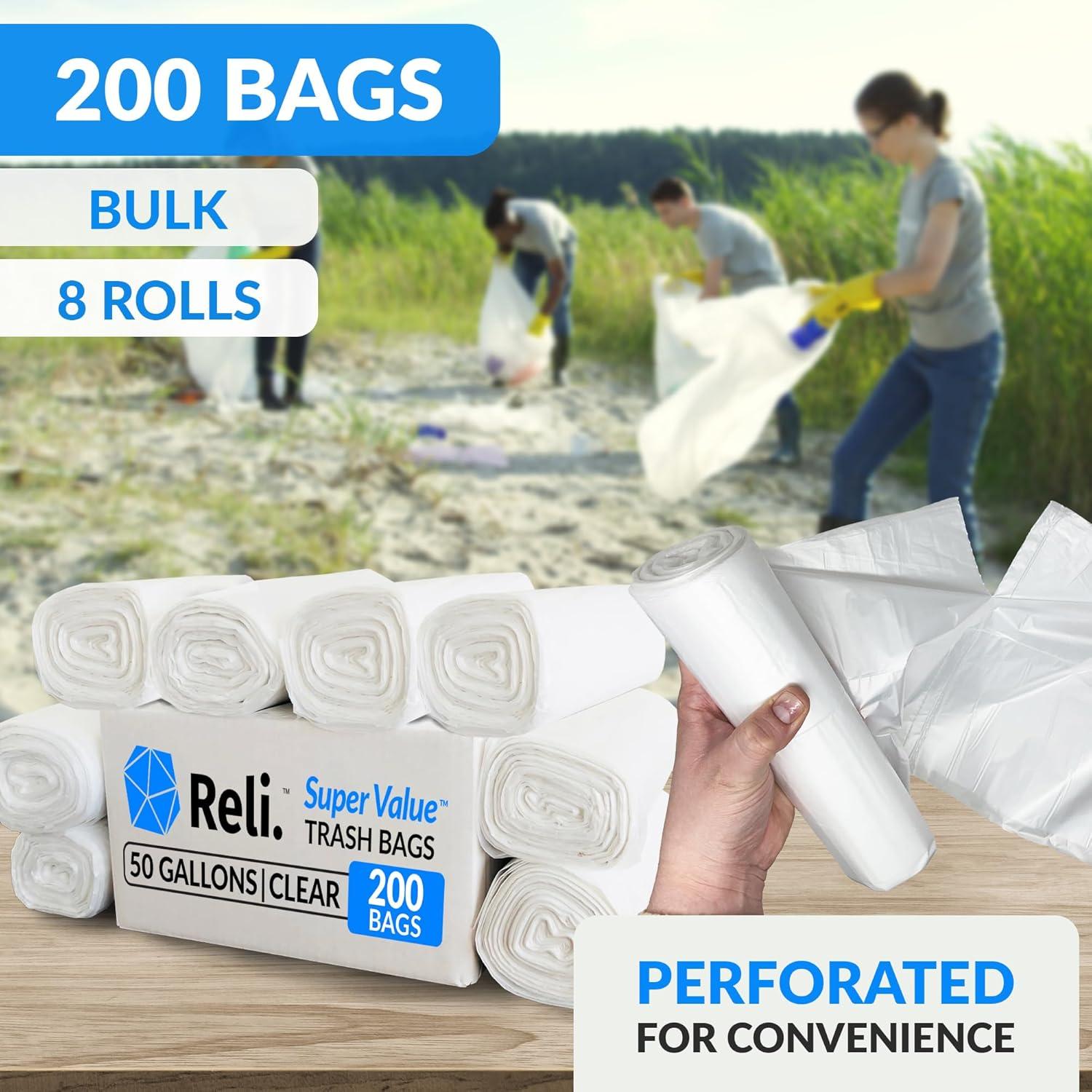 image:imageReli Premium 50 Gallon Trash Bags 200 Count Made in USA Heavy Duty Bulk SuperValue Clear MultiUse Garbage Bags