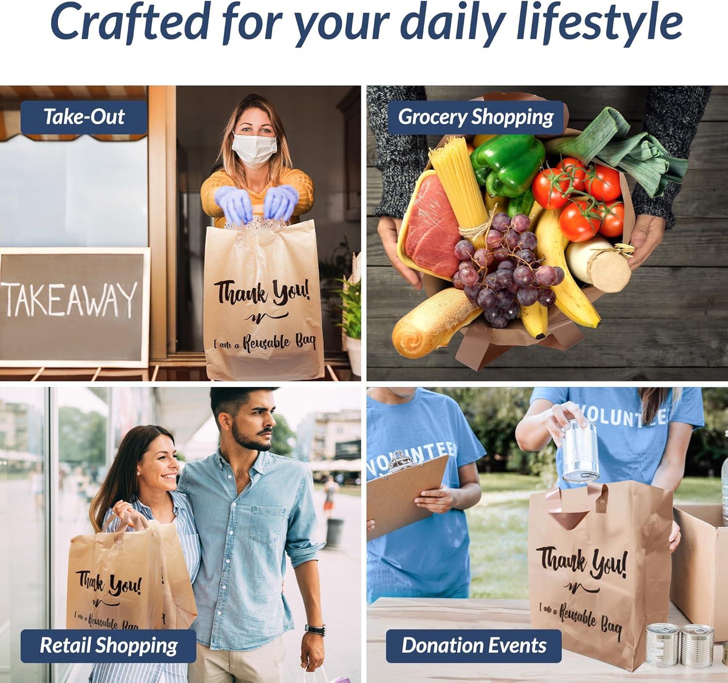 image:imageReli Reusable Thank You Bags 250 Pack 2 Mil BrownKraft Shopping Bags Plastic 12 L x 675 W x 14 H Ideal for Groceries Retail Food Take OutTo Go Small BusinessMedium