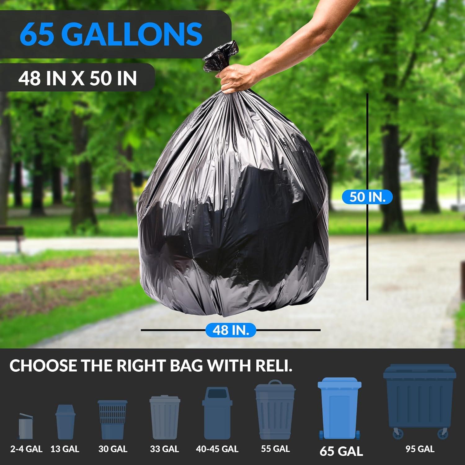 image:imageReli SuperValue 65 Gallon Trash Bags 120 Count Made in USA Heavy Duty Bulk Black MultiUse Garbage Bags