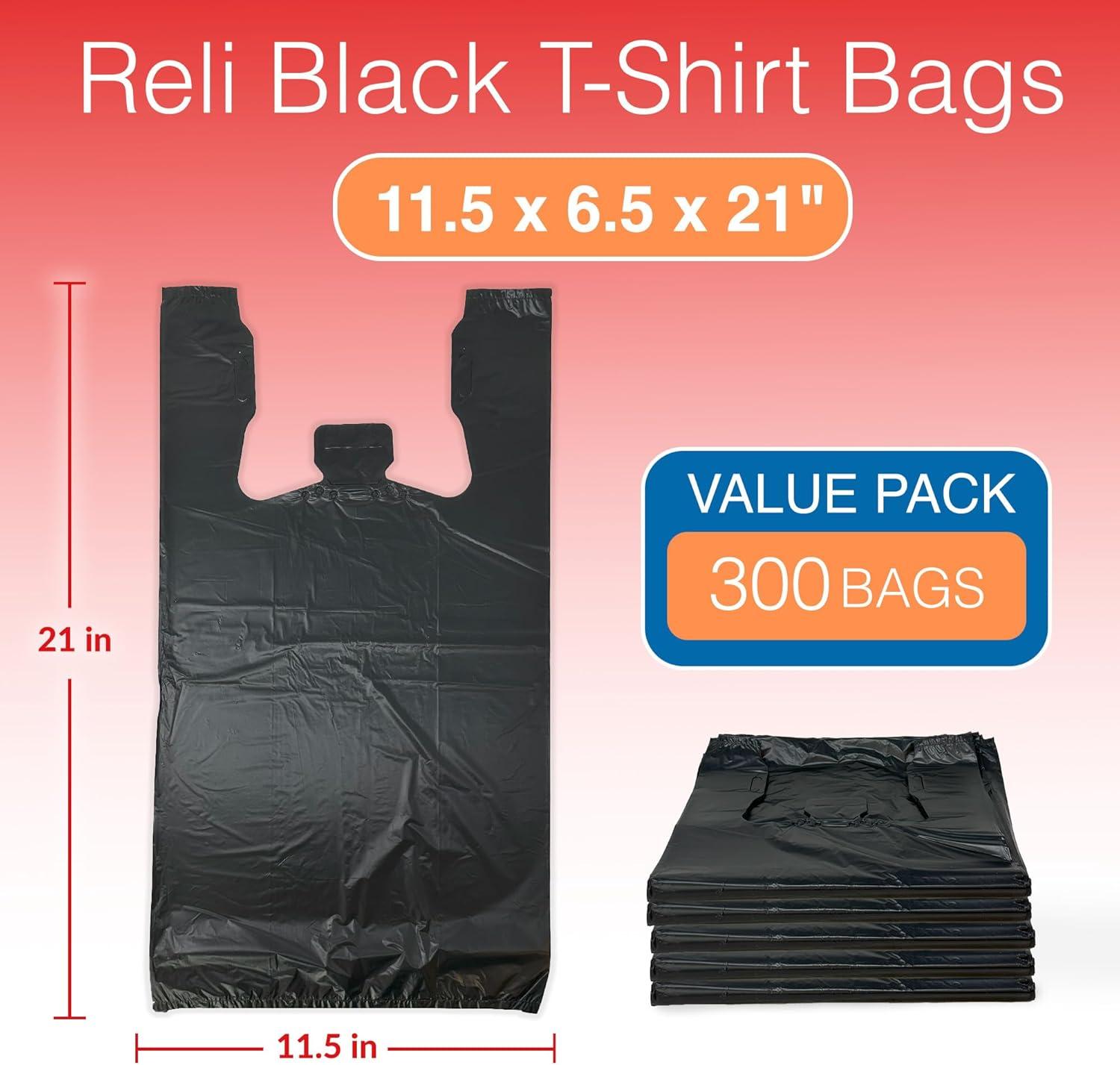 image:imageReli Tshirt Bags 300 Count Black 115 x 65 x 21 Black Plastic Bags Plain Grocery Shopping Restaurants115 x 65 x 21 300 Bags Pack of 2