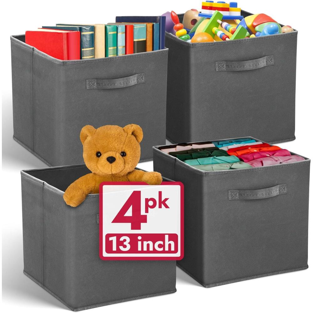image:imageReli 13x13x13 Storage Cube Bins 4 Pack Large Cube Organizer Bins 13x13 Fabric Storage Boxes Fits Kallax Collapsible Foldable Fabric Cubby Box Square Kids Room Organization Dark Gray