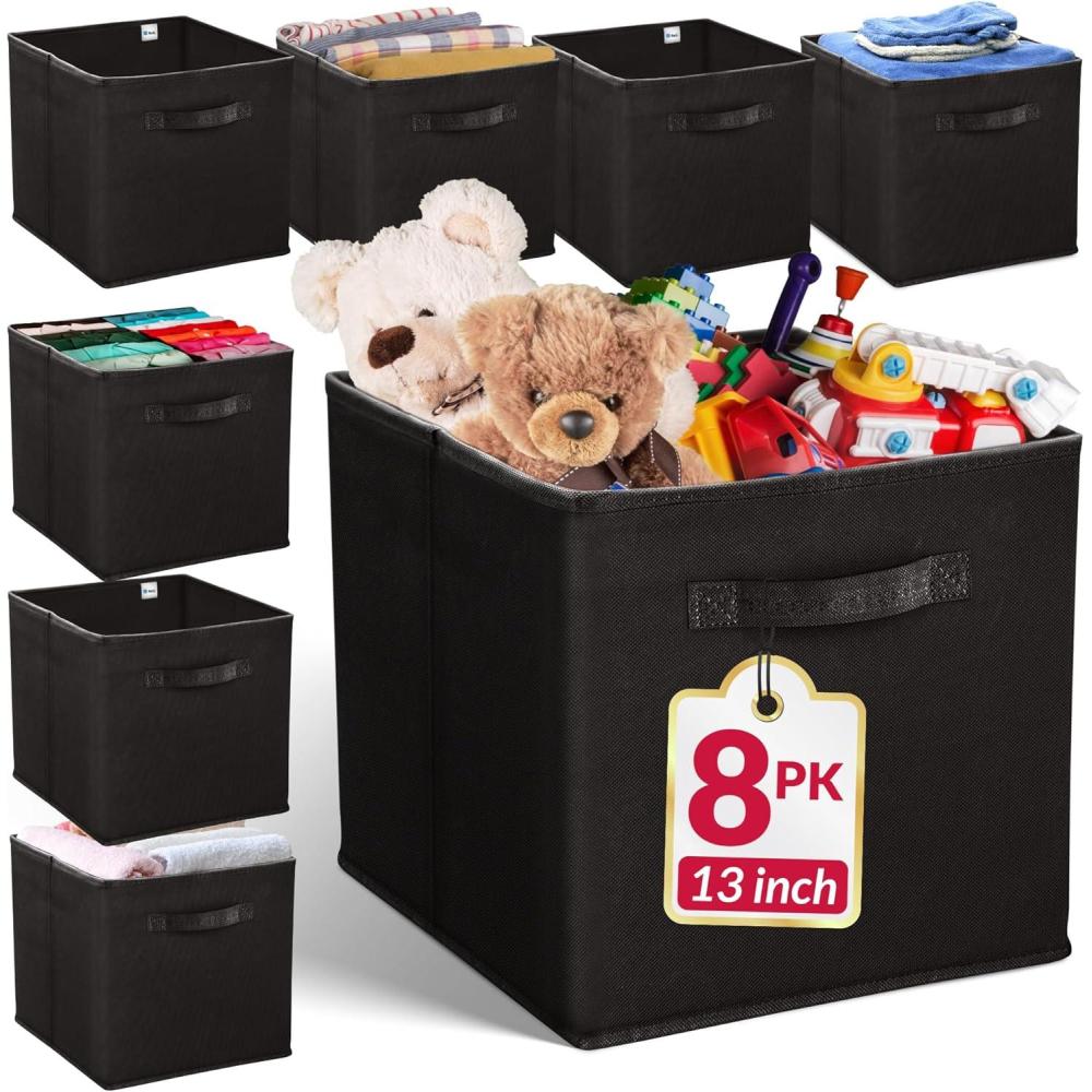 image:imageReli 13x13x13 Storage Cube Bins 8 Pack Large Cube Organizer Bins 13x13 Fabric Storage Boxes Fits Kallax Collapsible Foldable Fabric Cubby Box Square Kids Room Organization Black