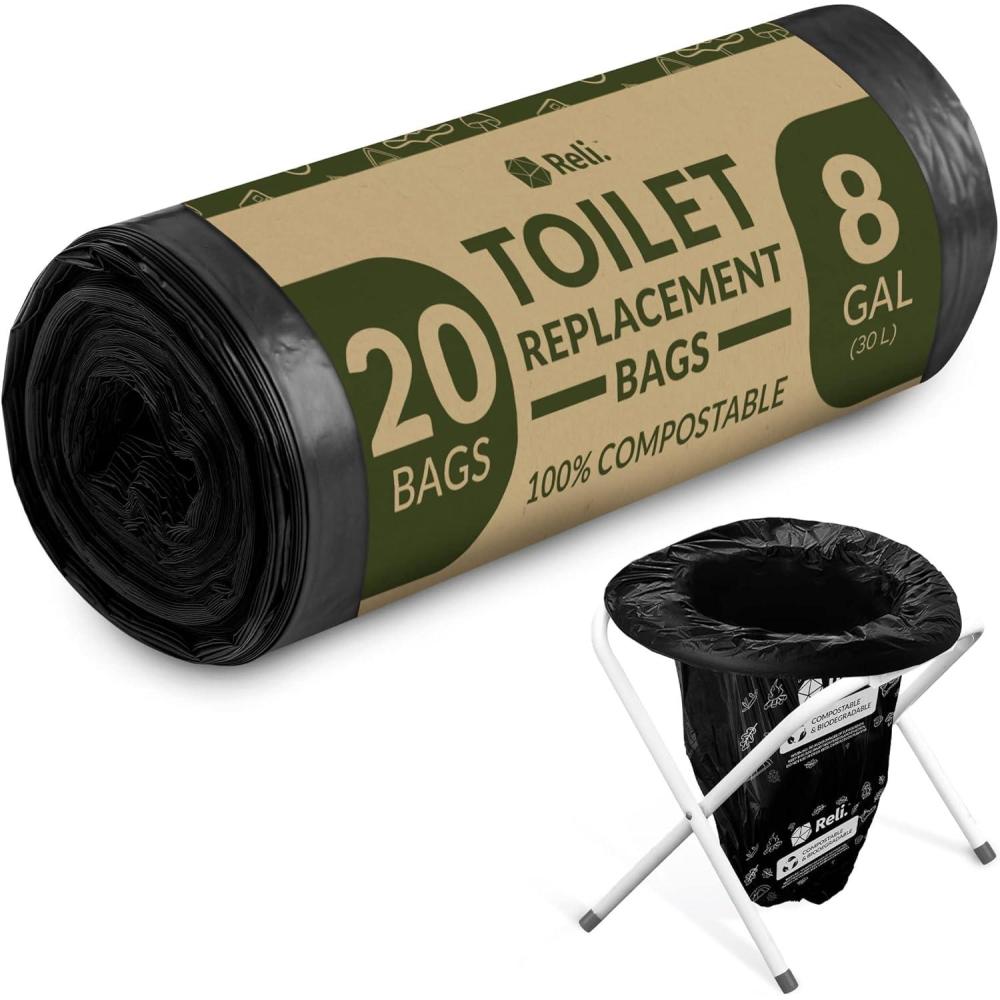 image:imageReli 20 Count Portable Toilet Bags Compostable 8 Gallon 1 Mil Thick Camping Toilet Bags ASTM D6400 Use for Portable Commode Camp Travel Hiking Black