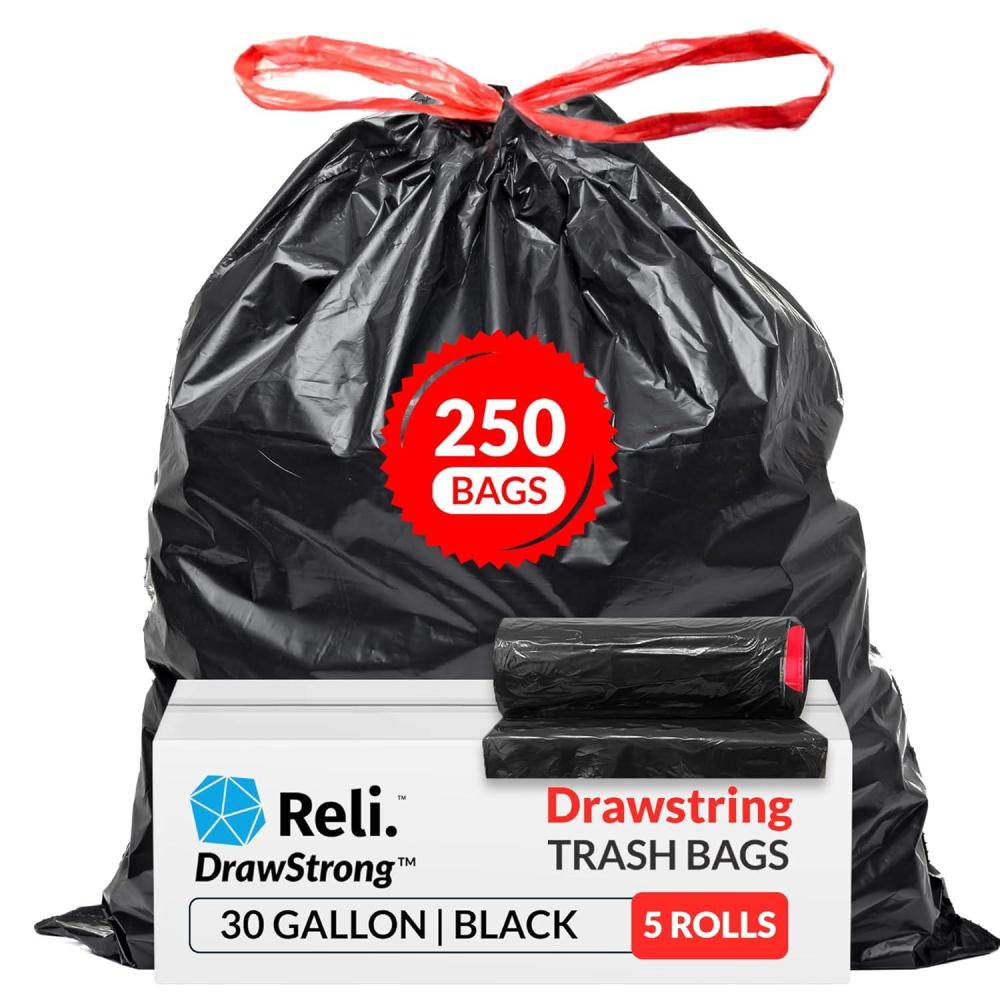 image:imageReli 30 Gallon Trash Bags Drawstring 250 Count Bulk Black 30 Gallon Garbage Bags Heavy Duty Large250