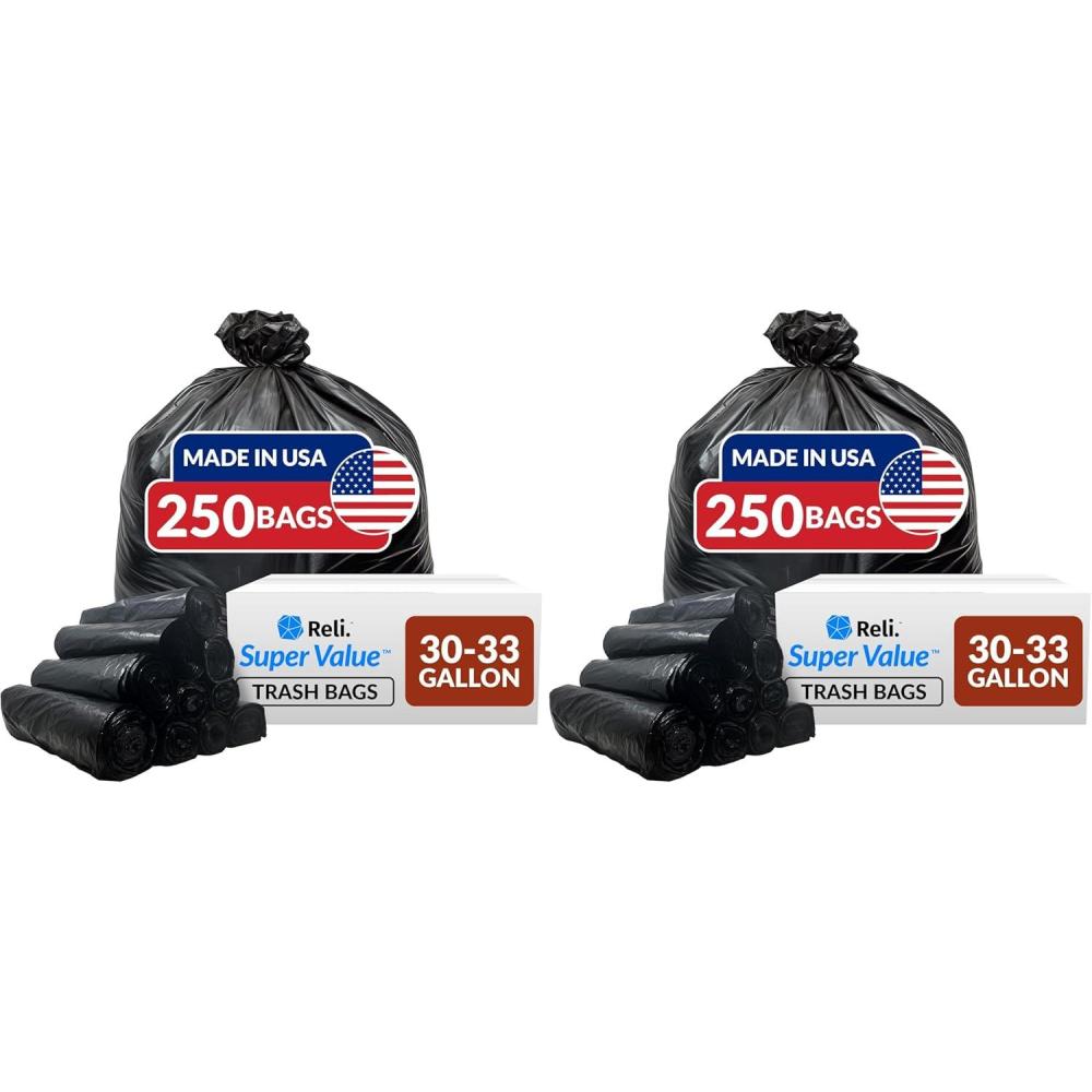 image:imageReli 3033 Gallon Trash Bags Heavy Duty 250 Count Bulk Black Large Trash Bags 30 32 Gallon Made in USA250 Count Pack of 2