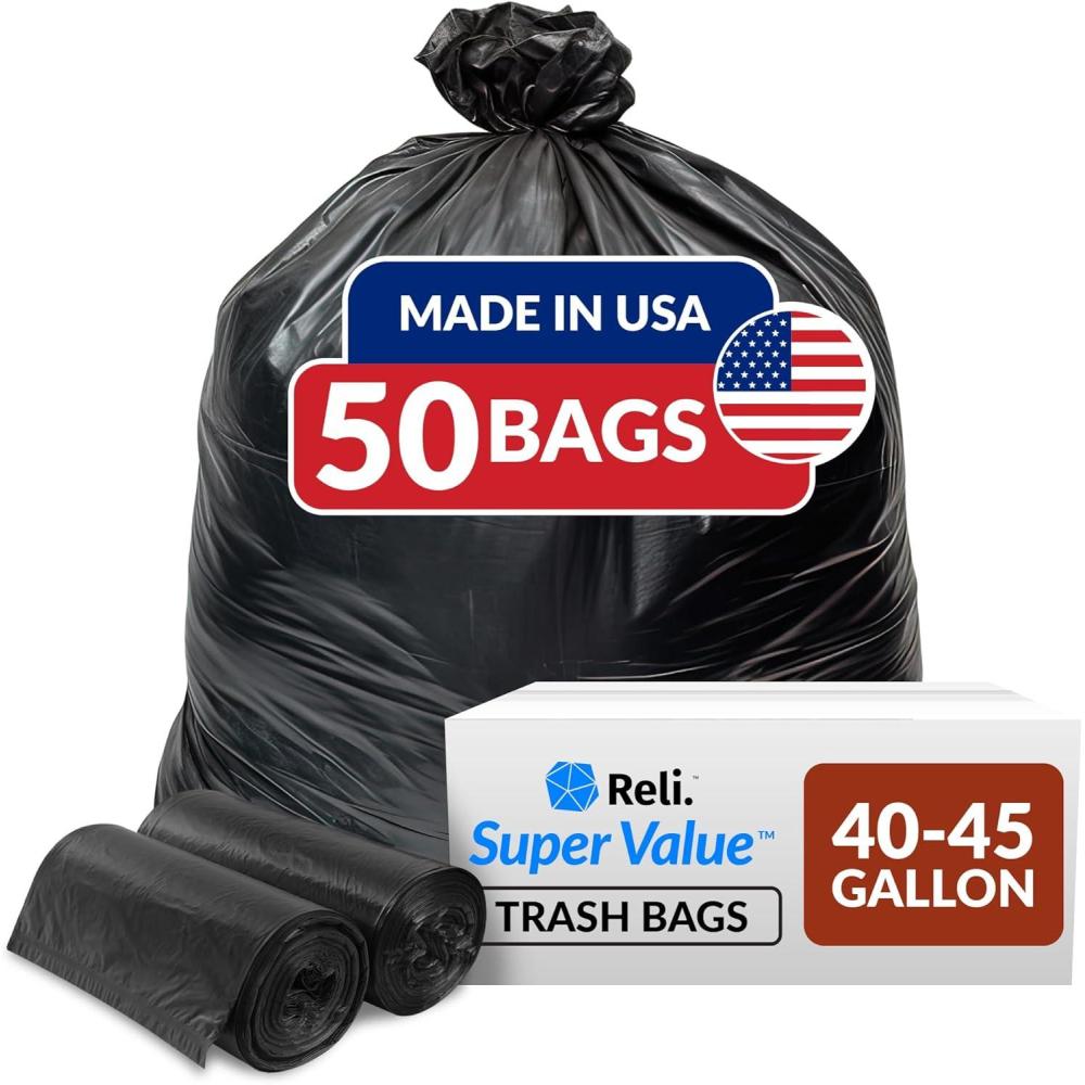 image:imageReli 40 to 45 Trash Bags Heavy Duty  50 Trash Bags  Super Sizeable for Serious Garbage Cleanup Black