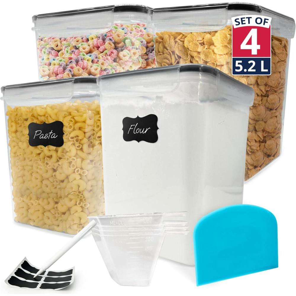 image:imageReli 52L Airtight Food Storage Containers with Lids 4 Sets  Kitchen Organizers and Storage Pantry Organizers  BPA Free Plastic Container Set w 4 Measuring Cups Dough Scraper 6 Labels Pen