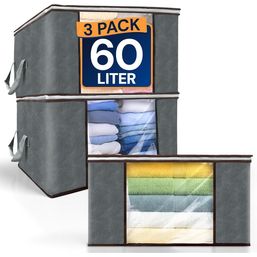 image:imageReli 60L Clothes Storage Bags 3 Pack Closet Organizers and Storage Containers  Foldable Bins with Lids amp Handles  Large Bags for Towels Toys Comforters Blankets  Grey