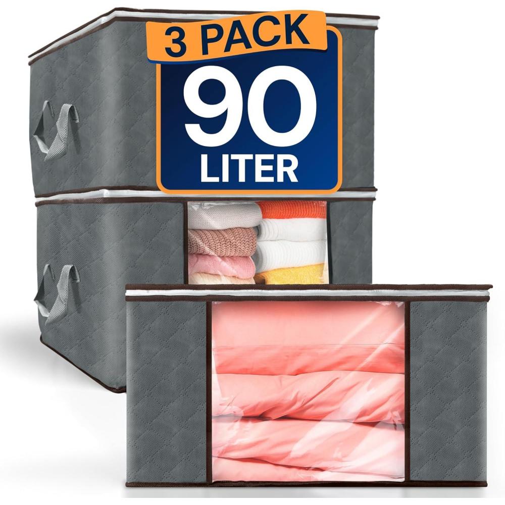 image:imageReli 90L Large Clothes Storage Bags 3 Pack Closet Organizers Storage Containers  Large Clothing Bags with Handles for Towels Comforters Blankets  Grey