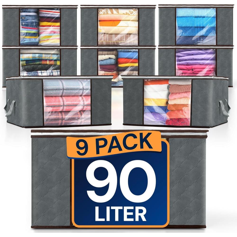 image:imageReli 90L Large Clothes Storage Bags 9 Pack Closet Organizers and Storage Containers Foldable Bins with Lids amp Handles Large Bins for Towels Comforters Blankets Grey9