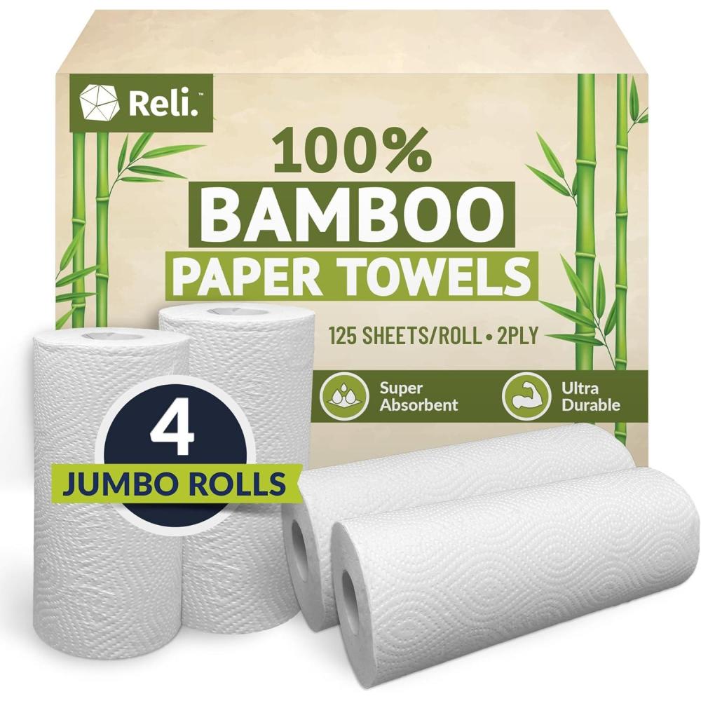 image:imageReli Bamboo Paper Towels 4 Pack Jumbo  Paper Towels Rolls 2 Ply  125 SheetsRoll Full Size Sheets  Unbleached Organic Rolls for Kitchen Bathroom  100 Bamboo