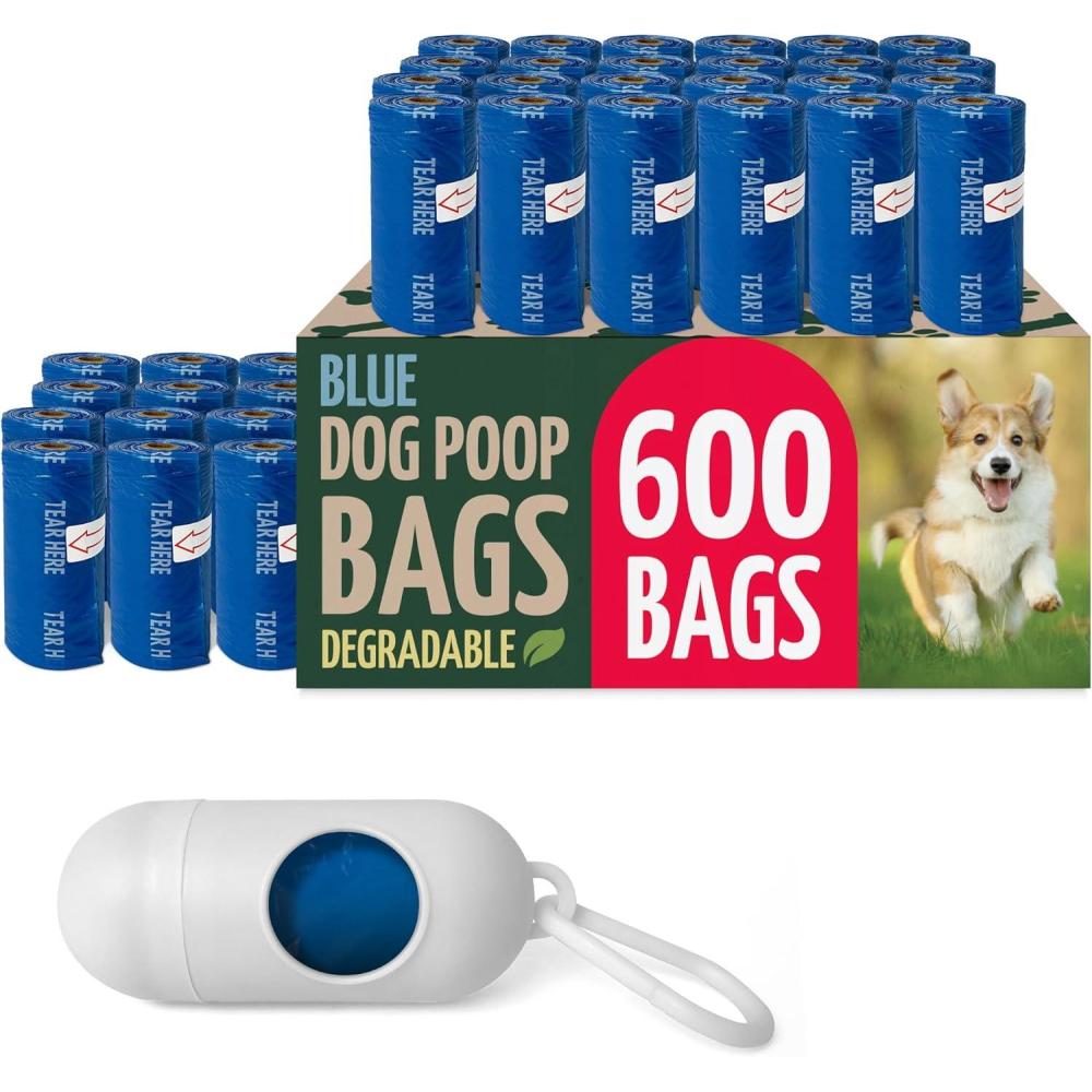image:imageReli Biodegradable Dog Poop Bags Rolls 600 Pack 40 Rolls  9x13 Poop Bags for Dogs  Unscented Leak Proof Oxobiodegradable Pet Waste EcoFriendly  Blue  Leash Clip Holder Included