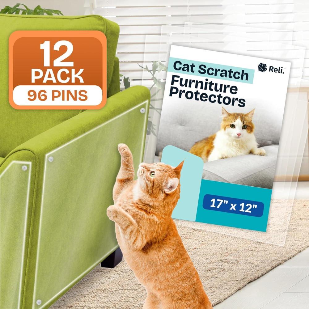 image:imageReli Cat Scratch Furniture Protector XL 12 Pack wPins Anti Cat Scratch Couch Protector from Claws Self Adhesive Clear Plastic Furniture Shield for Couch Corner Sofa
