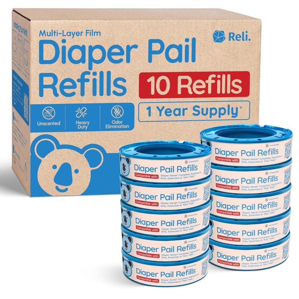 image:imageReli Diaper Pail Refill Bags Compatible with Genie Complete Expressions 10 Pack Pail Refills Unscented  Odor Blocking Strong Easy Replacement  Holds up to 2800 Newborn Diapers