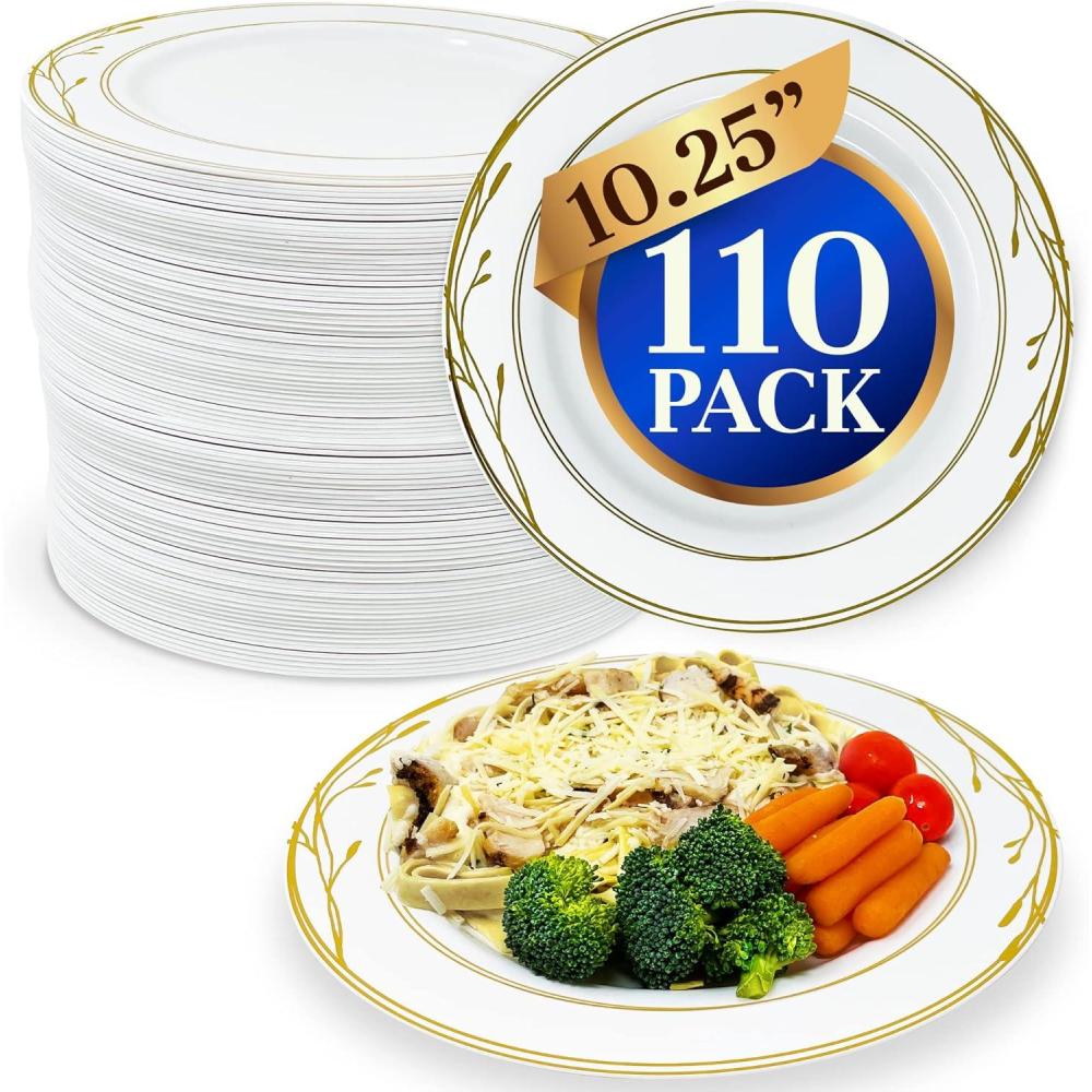 image:imageReli Disposable Plastic Plates White amp Gold Rim 110 Pcs 1025  Hard Plastic Dinner Plate  Elegant Heavy Duty Disposable Round Platters for Party Wedding Event Christmas Gold Trim