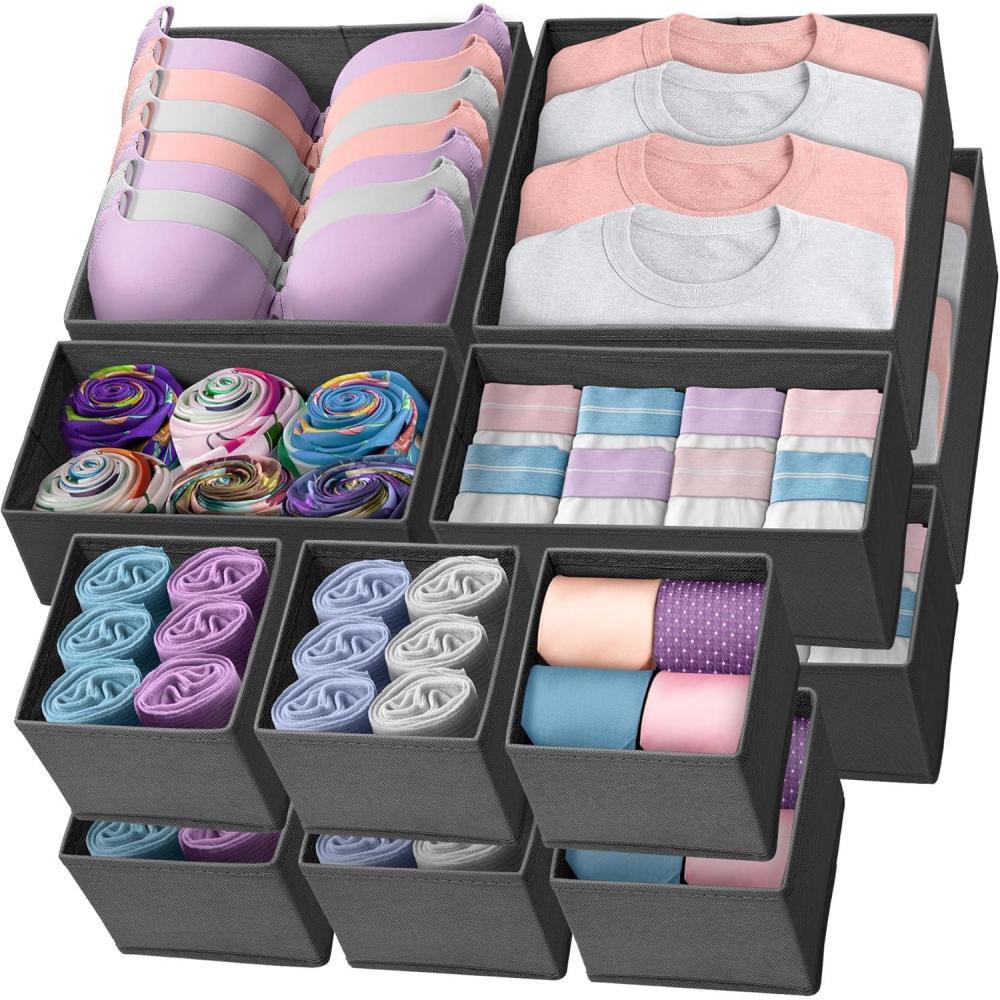 image:imageReli Drawer Organizer Clothes 14 Pack Dresser Organizer for Clothing Drawer Bins for Bras Nursery Baby Clothes Underwear Socks Foldable Fabric Dresser Storage Dividers Gray