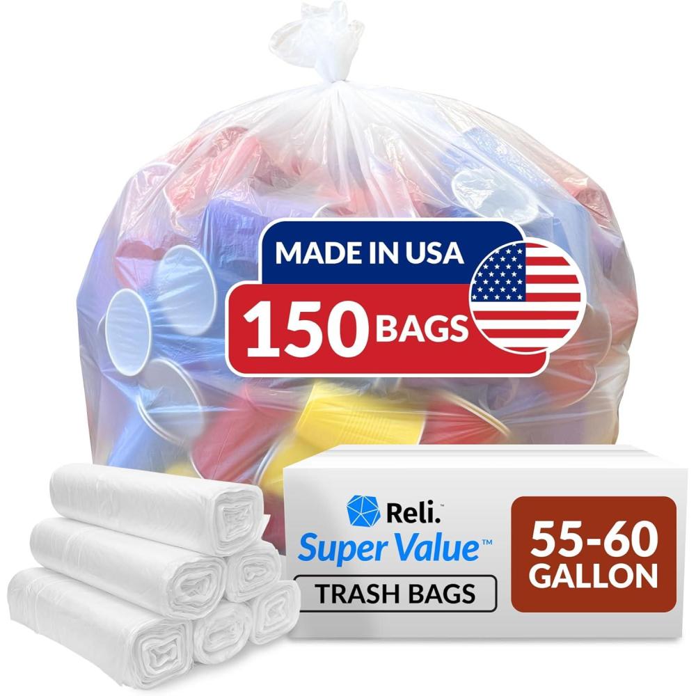 image:imageReli Easy Grab Trash Bags 5560 Gallon 150 Count Clear  Star Seal Super High Density Rolls  Heavy Duty Can Liners Garbage Bags Bulk Bags  50 55 60 Gallon Capacity1 Count Pack of 150