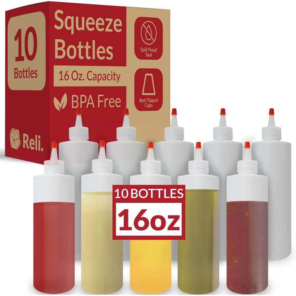 image:imageReli Plastic Squeeze Bottles 16 oz  10 Pack  Condiment Squeeze Bottles for Sauces  Clear wRed Tip Cap  16 Ounce Hot Sauce Ketchup  Condiments Olive Oil Glue