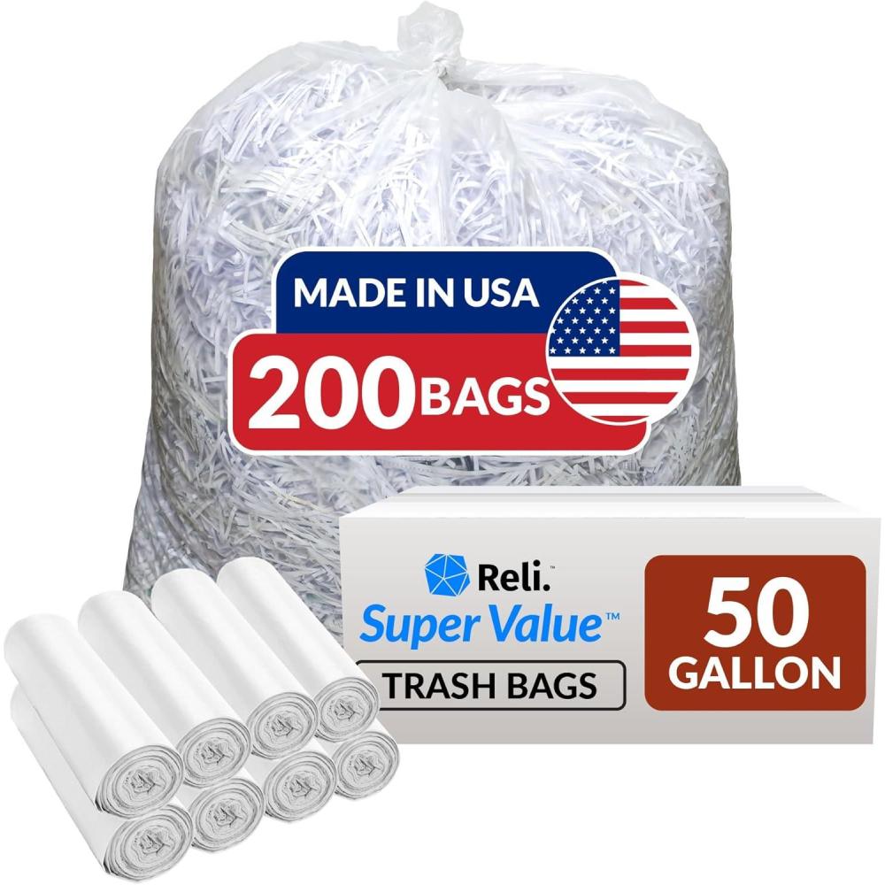 image:imageReli Premium 50 Gallon Trash Bags  200 Count  Made in USA  Heavy Duty  Bulk  SuperValue  Clear MultiUse Garbage Bags