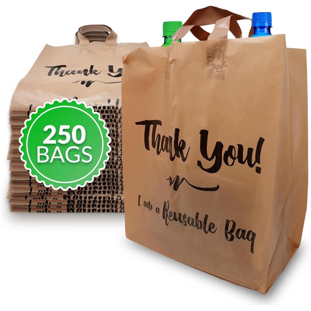 image:imageReli Reusable Thank You Bags 250 Pack 2 Mil BrownKraft Shopping Bags Plastic 12 L x 675 W x 14 H Ideal for Groceries Retail Food Take OutTo Go Small BusinessMedium
