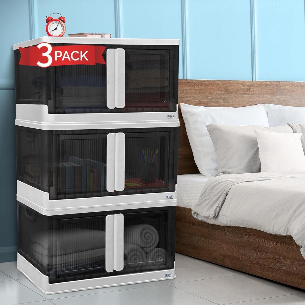image:imageReli Storage Bins with Lids and Doors 3 Pack  19 Gallon Collapsible Storage Bins with Lids  Collapsible Stackable Plastic Cabinet with Builtin Wheels  Heavy Duty Closet Organizers