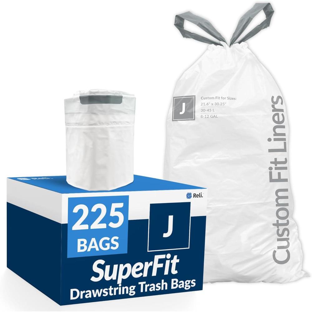 image:imageReli SuperFit Code J 225 Count Compatible with Simplehuman Code J Custom Fit Liners Drawstring Trash Bags 3045 Liter 812 Gallon White Roll Pack