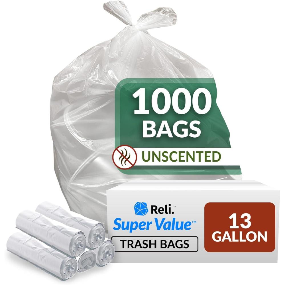 image:imageReli SuperValue 13 Gallon Trash Bags  1000 Count Bulk  Tall Kitchen  Can Liners  Clear MultiUse Garbage Bags