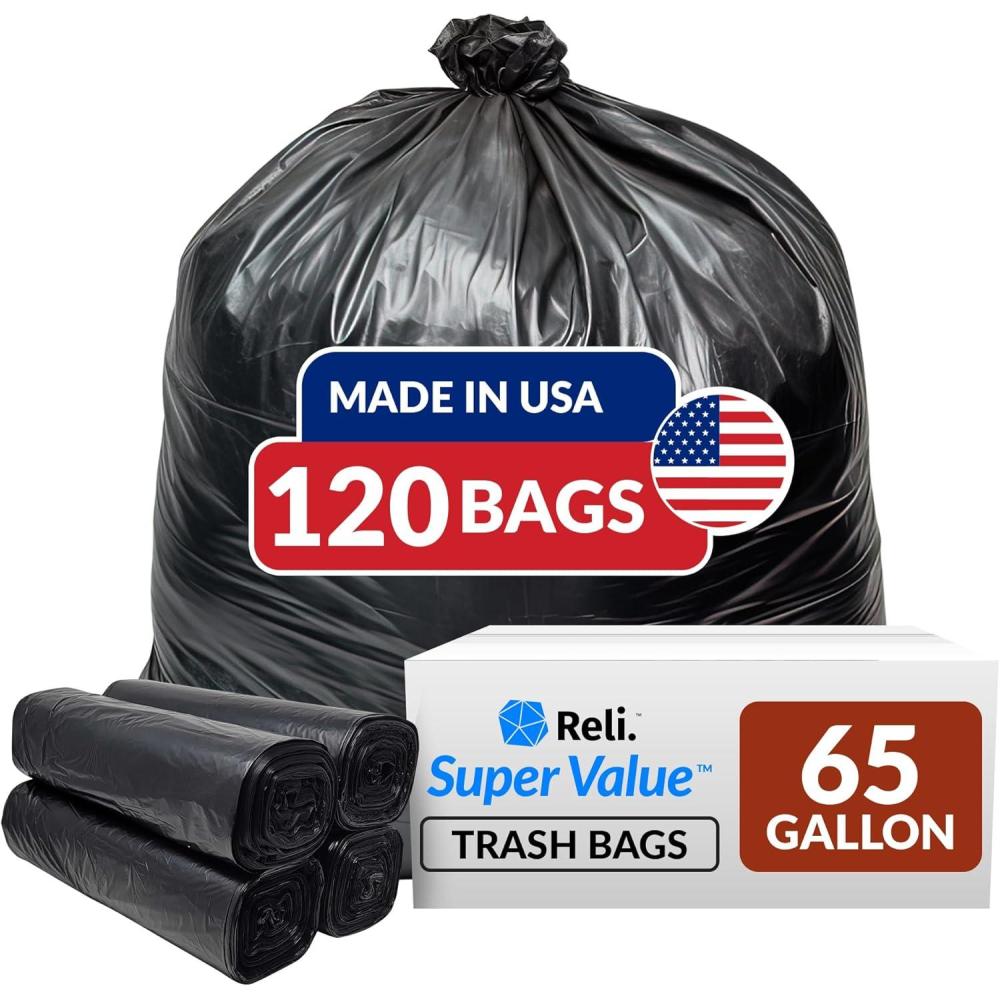 image:imageReli SuperValue 65 Gallon Trash Bags  120 Count  Made in USA  Heavy Duty  Bulk  Black MultiUse Garbage Bags