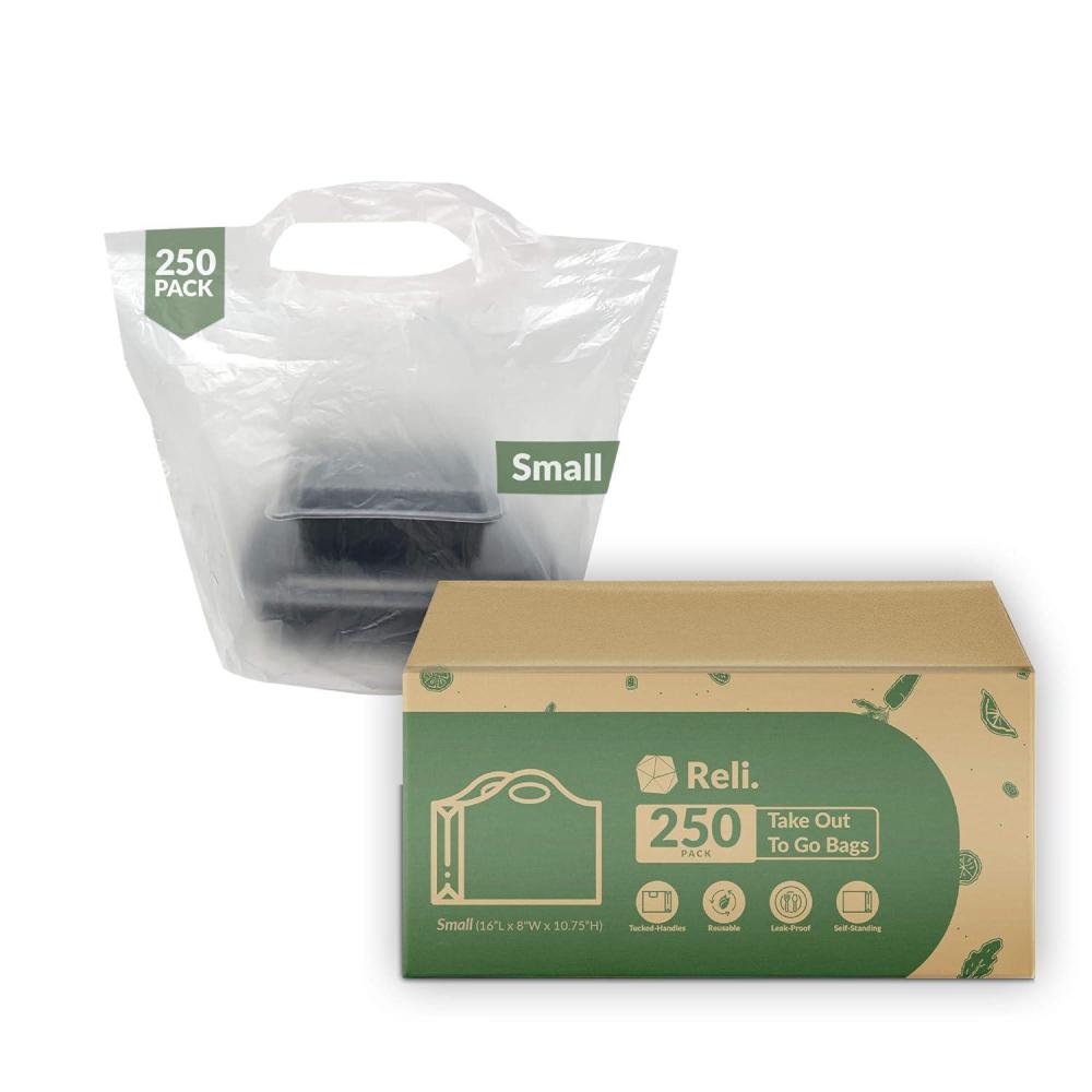 image:imageReli To Go BagsTake Out Bags 250 Count Small 16 L x 8 W 1075 H Reusable Plastic Bags with Handles Die Cut Handle Plastic Use for Shopping Business Carry Out Restaurant