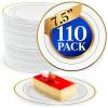 Reli. 110 Pcs Plastic Dessert Plates, Disposable (7.5 inch, White w/Gold Rim) | Plates for Party, Heavy Duty | Hard Plastic Small Dessert Platter for Wedding, Birthday, Salad/Appetizer (7.5″)