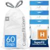 Reli. SuperFit Code H (60 Count) | Compatible with Simplehuman Code H | Dispenser Pack Custom Fit Liners | Drawstring Trash Bags | 30-35 Liter / 8-9 Gallon | White