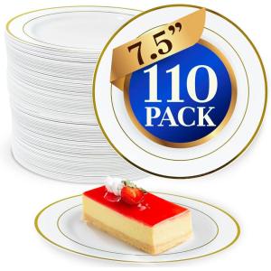 Reli. 110 Pcs Plastic Dessert Plates, Disposable (7.5 inch, White w/Gold Rim) | Plates for Party, Heavy Duty | Hard Plastic Small Dessert Platter for Wedding, Birthday, Salad/Appetizer (7.5″)