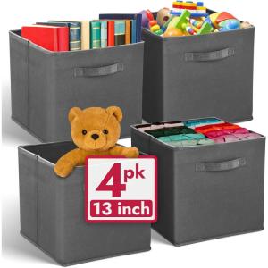Reli. 13x13x13 Storage Cube Bins (4 Pack) | Large Cube Organizer Bins | 13×13 Fabric Storage Boxes | Fits Kallax | Collapsible, Foldable Fabric Cubby Box (Square) | Kids Room Organization (Dark Gray)