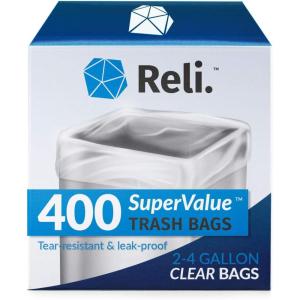Reli. 2-4 Gallon Trash Bags | 400 Bags | Clear | Bathroom | Strong | Garbage