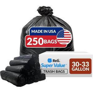 Reli. 30-33 Gallon Trash Bags Heavy Duty | 250 Count Bulk | Black Large Trash Bags 30+, 32 Gallon | Made in USA(250 Count (Pack of 1))
