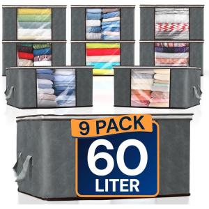 Reli. 60L Clothes Storage Bags (9 Pack) Closet Organizers, Storage Containers | Foldable Clothes Bins w/Lids, Handles | Large Bags for Storing Towels, Clothing, Toys, Blankets | Grey(9)