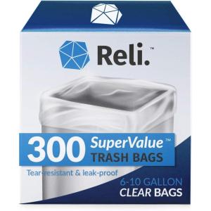 Reli. 6-10 Gallon Trash Bags | 300 Bags | Clear | Bathroom | Strong | Garbage