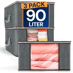 Reli. 90L Large Clothes Storage Bags (3 Pack) Closet Organizers, Storage Containers | Large Clothing Bags with Handles for Towels, Comforters, Blankets | Grey