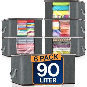 Reli. 90L Large Clothes Storage Bags (6 Pack) Closet Organizers and Storage Containers | Foldable Bins with Lids & Handles | Large Bags for Towels, Comforters, Blankets | Grey(6)