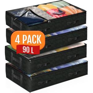 Reli. 90L Under Bed Storage Containers (4 Pack) | Closet Organizer with Clear Window | Underbed Storage Bins for Towels, Sweaters, Linens | Large Organizer for Closet (Black)