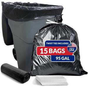 Reli. 95 Gallon Trash Bags Heavy Duty (15 Count) | Black | Twist Ties Included | Extra Tough, Leak-Proof Garbage Bags | Ideal for Large Clean Ups