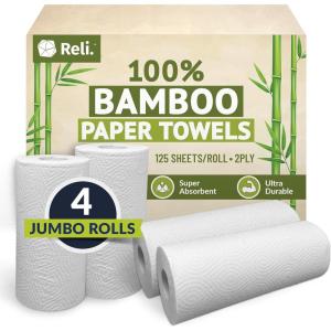 Reli. Bamboo Paper Towels (4 Pack, Jumbo) | Paper Towels Rolls 2 Ply | 125 Sheets/Roll, Full Size Sheets | Unbleached, Organic Rolls for Kitchen, Bathroom | 100% Bamboo